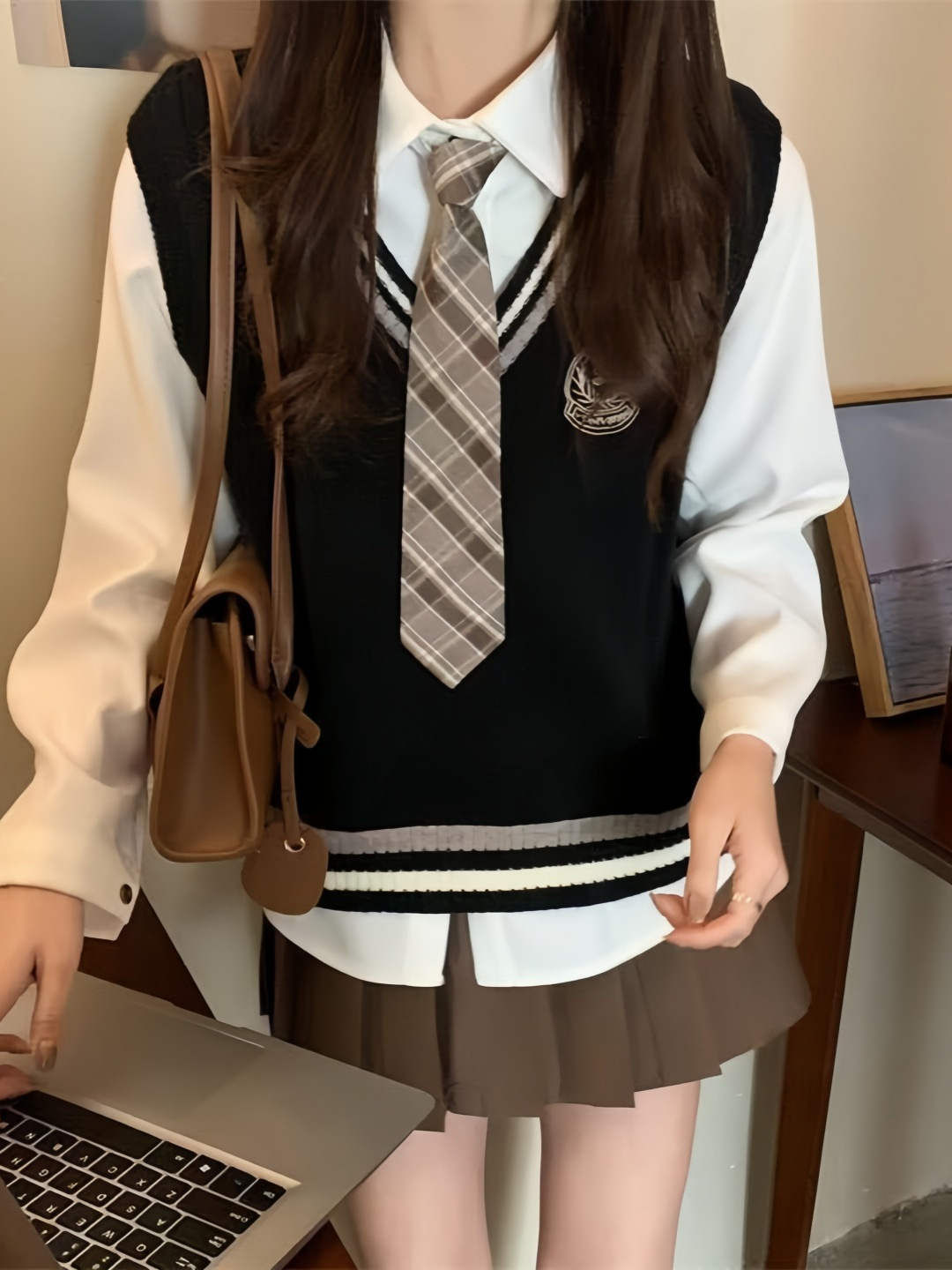Student Id Photo Sweater Knitted Vest Layered Shirt Jk Uniform Pleated Skirt Suit Preppy Style Clothes