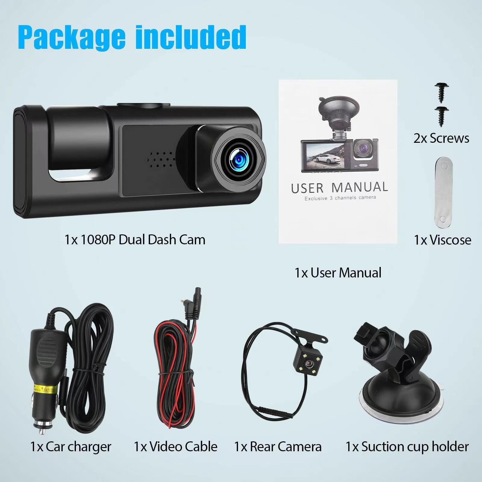 C309 HD 1080p 2-inch screen driving recorder 3-way three-lens parking monitoring with night vision car DVR