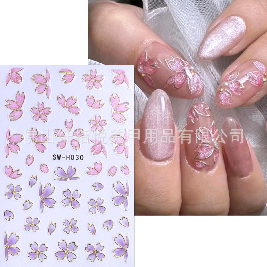 Оптовые наклейки для ногтей с японским бронзированием, вишневые лепестки и листья, маленькие свежие наклейки для ногтей весны и лета