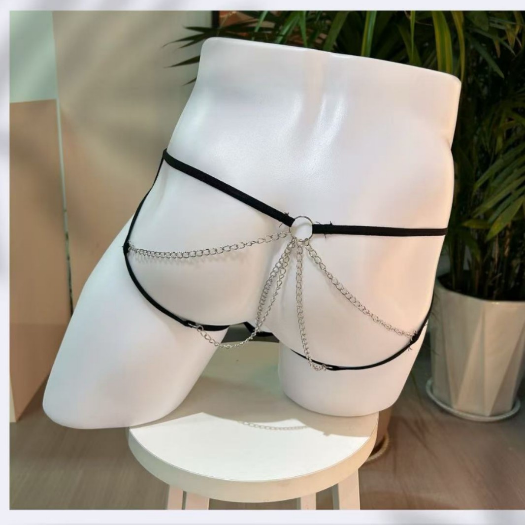 Sexy Men's Thong Underwear with Chain, Breathable Low-Rise Thin Strap Mesh Transparent Tight-Fitting Erotic Lingerie