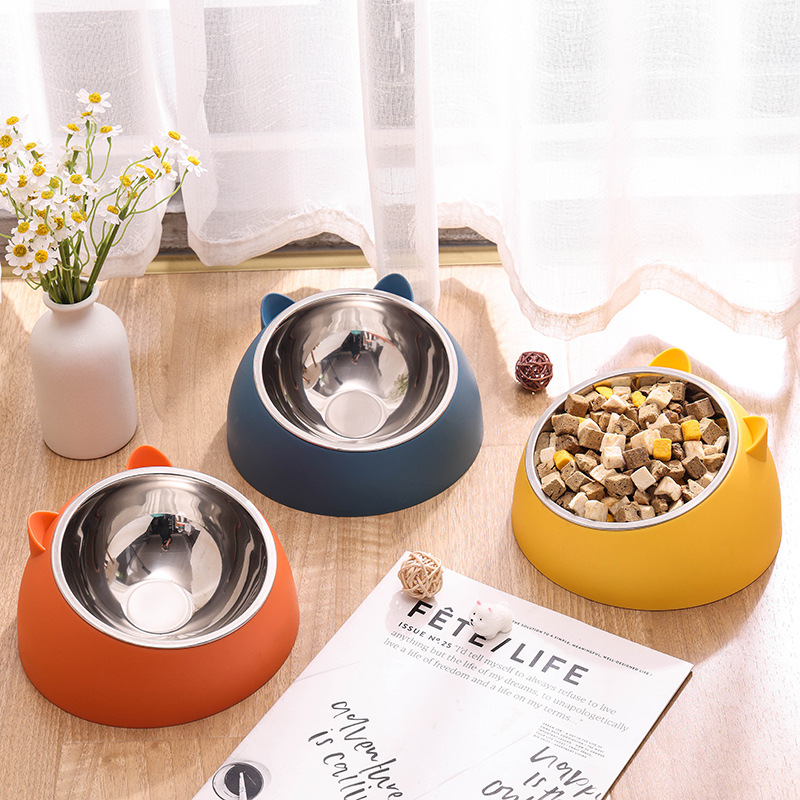 Pet Stainless Steel Double Bowl Protects Cervical Spine and Prevents Overturning. Cute Food Bowl for Cats to Eat and Drink. Stainless Steel Bowl for Both Purposes