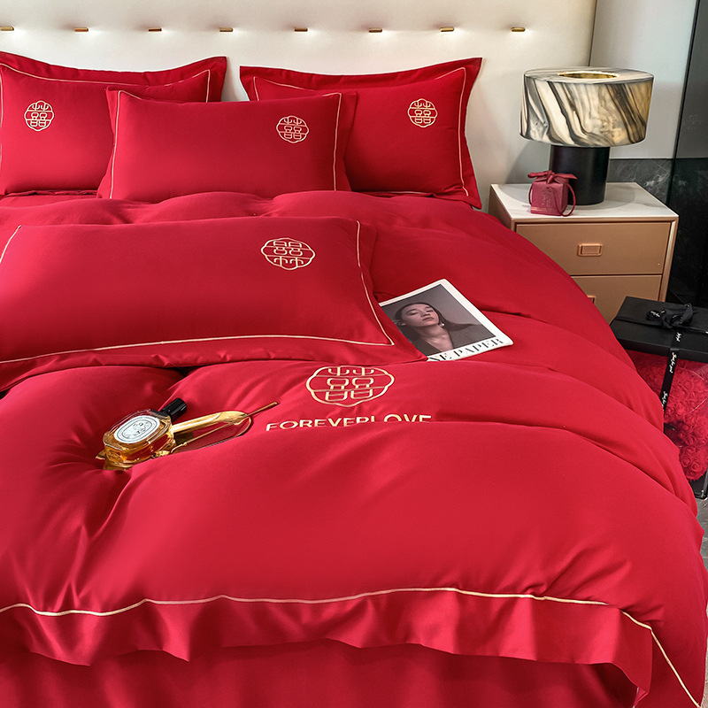 Wedding washed cotton festive four-piece set Chinese bright red bed sheet high-end embroidered quilt cover wedding room bedding