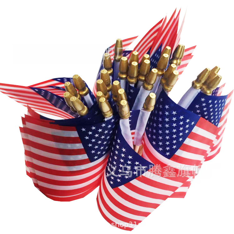 Ready Stock Polyester Fabric American Independence Day Hand-Waving Flag with Wooden Plastic Flagpole American Hand-Held Flag