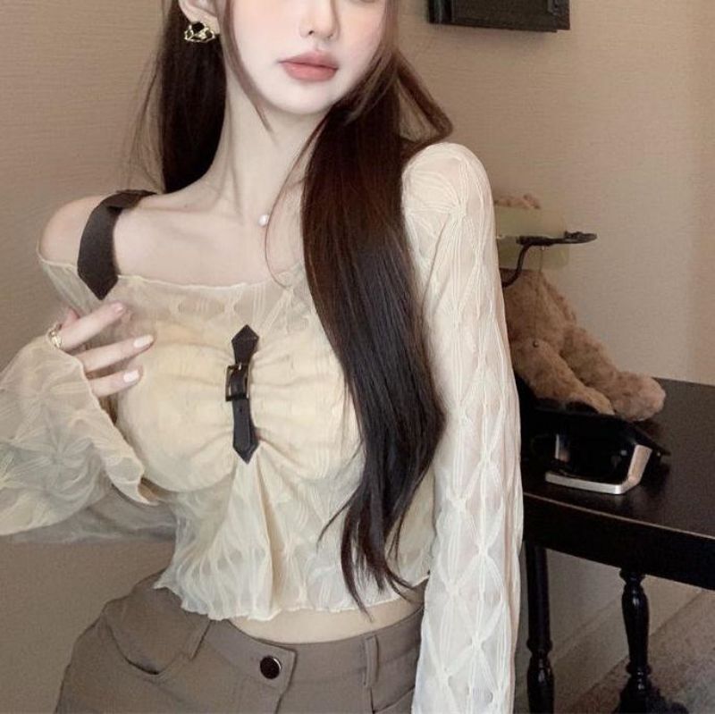 2025 Summer Hot Girl One Shoulder Thin Long Sleeve Women's Chic Short Hot Girl Pleated Sun Protection Shirt Top Women's Clothing