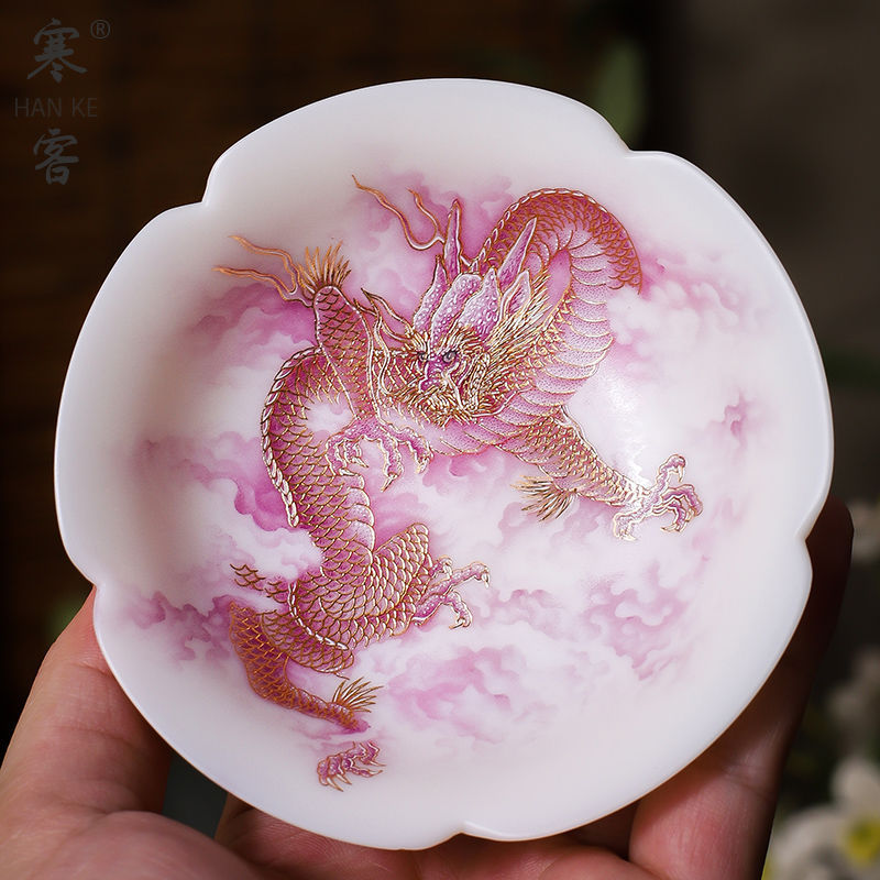 高端羊脂玉堆金龙凤茶杯个人主人茶杯白瓷茶道功夫茶具品茗杯茶盏