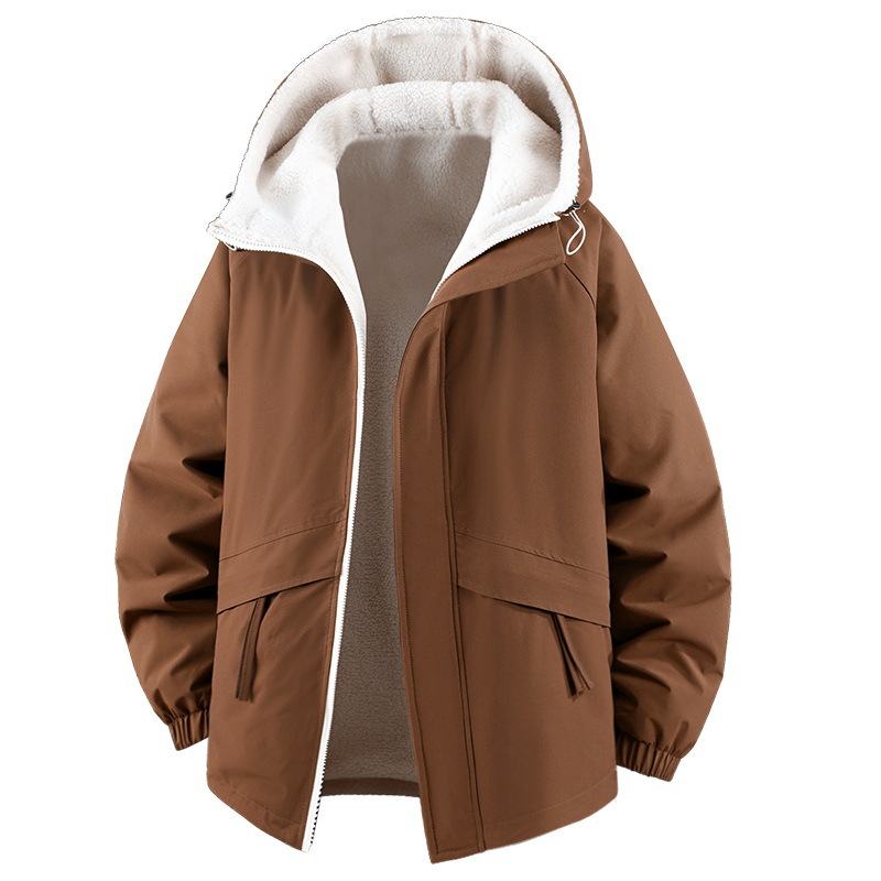 Plus Size Men's Lamb Wool Jacket Winter Fleece-Lined Loose Casual Hooded Jacket for Men Reversible Windproof