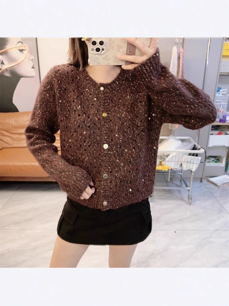 Autumn and Winter New Korean Style Loose Slim Round Neck Sequined Knitted Cardigan Women's Sweater Single-Breasted Fashion Jacket