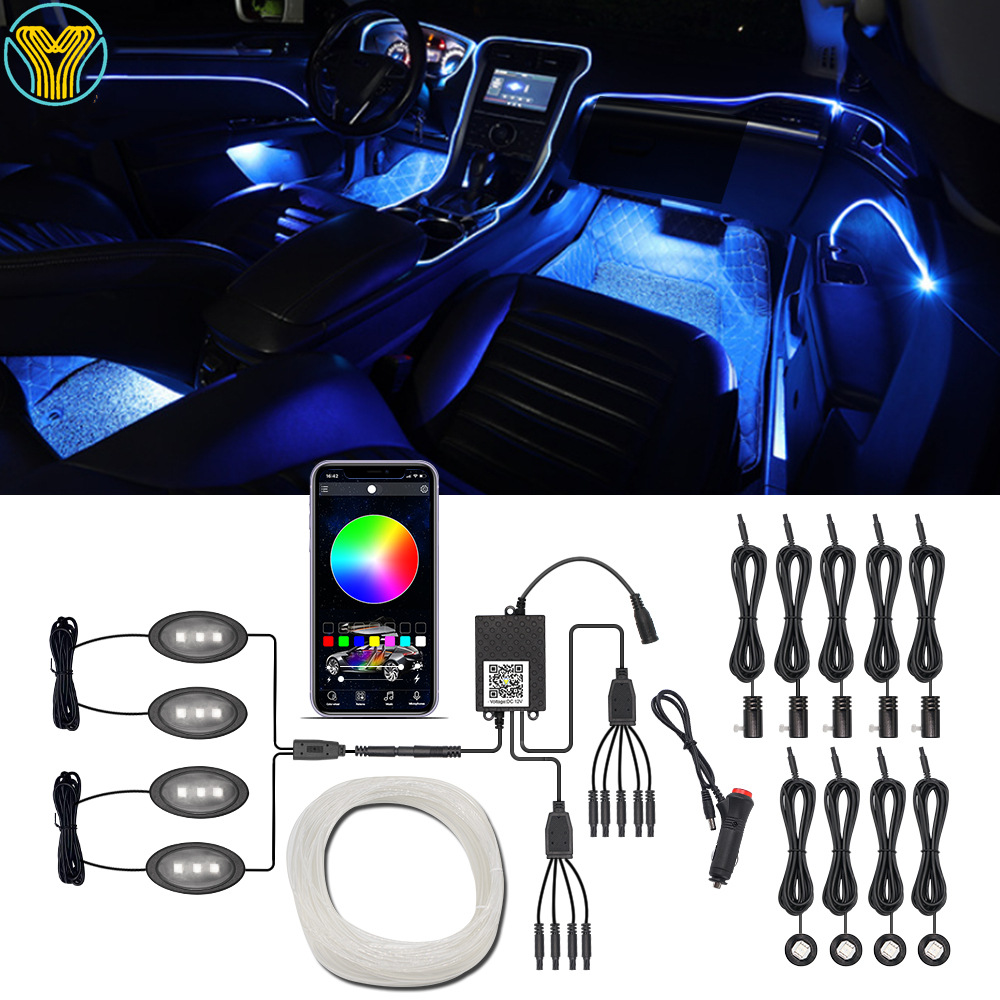 Холодный свет для автомобиля, атмосферная лампа, оптоволоконная линия, управление через APP, RGB, дистанционное управление, атмосферная лампа для ног