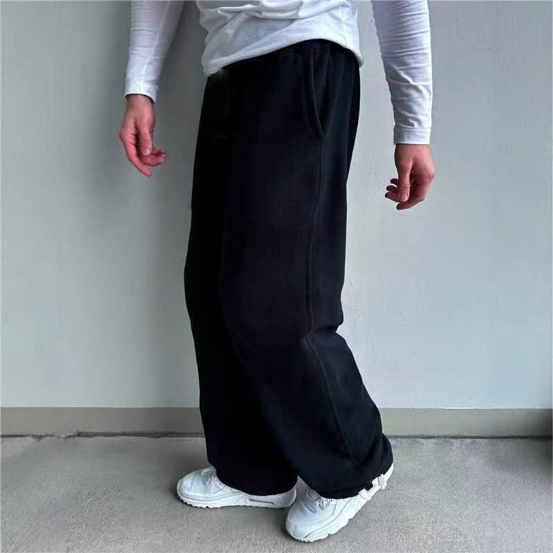Cross-Border 2025 Amazon Men's Fleece-Lined Sweatpants with Elastic Waistband, Drawstring, Straight-Leg, Wide-Leg, Loose-Fitting, Long Pants