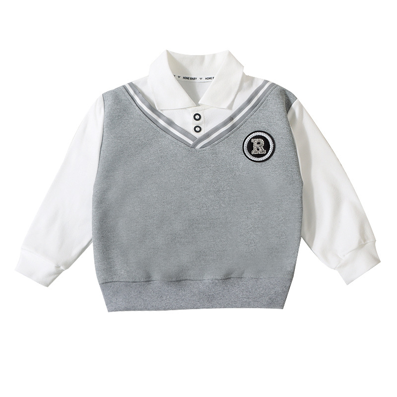 Boy's Lapel Polo Shirt Spring Sweater British Style Fake Two-Piece All-Match Fashionable College Style Top