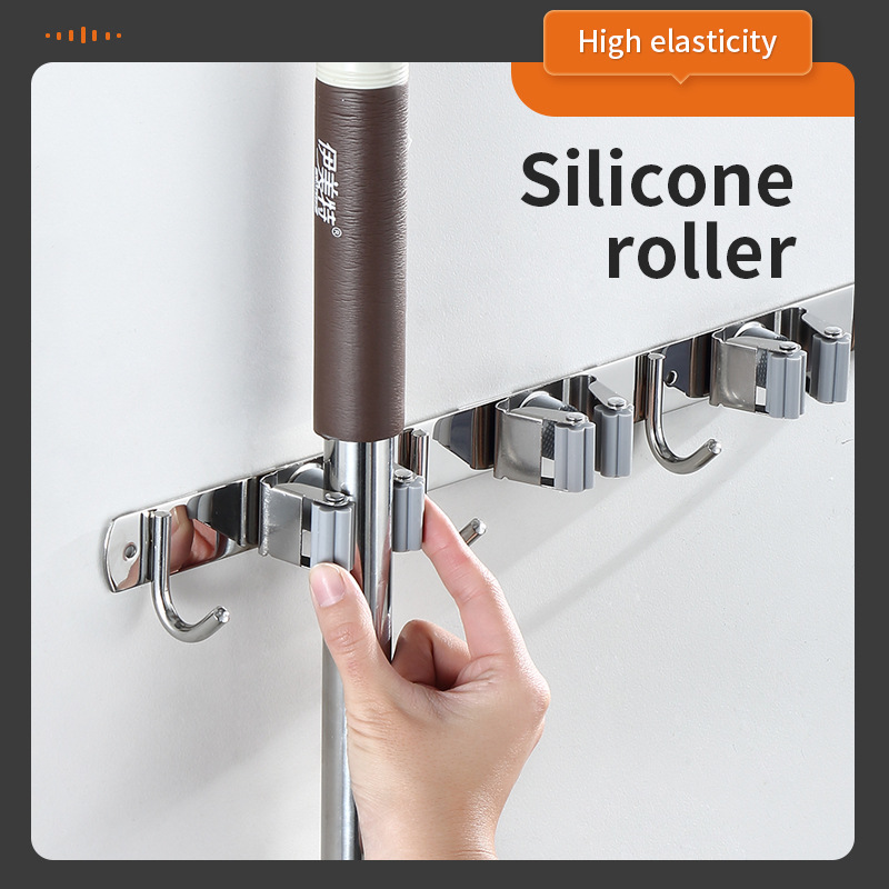 Black Mop Hook No-Drill 304 Stainless Steel Mop Clip Hanger Wall-Mounted Broom Mop Holder Adhesive Hook