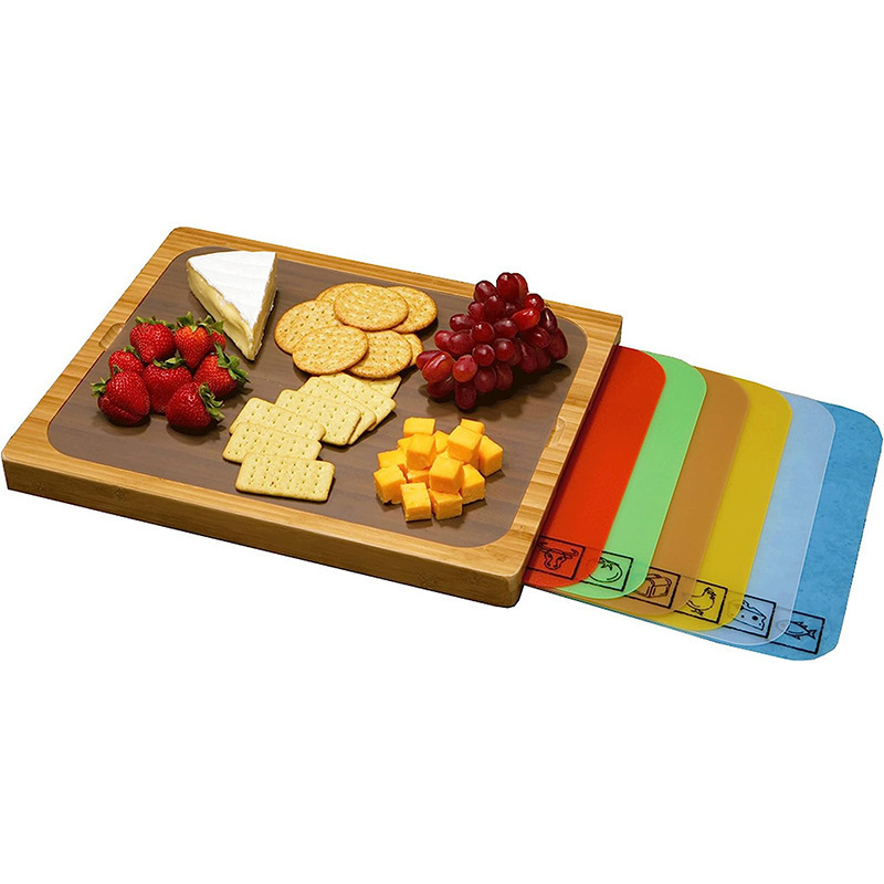 Bamboo Cutting Board with Colorful Cutting Mat Set for Kitchen Use, Solid Wood Chopping Board for Fruits, Bread, and Vegetables