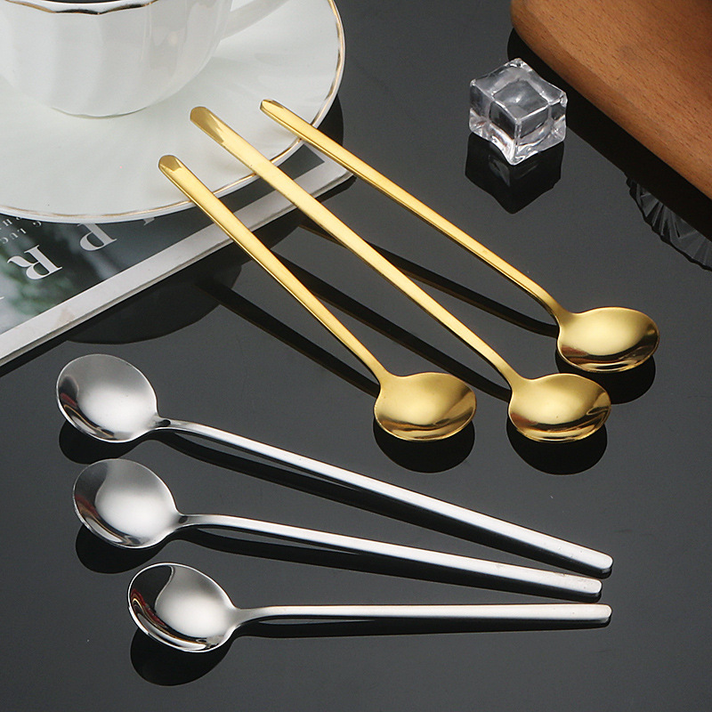 Stainless Steel Small Round Spoon Restaurant Long Handle Coffee Mixing Spoon Internet Popular Korean-style Spoon Household Gift Coffee Spoon