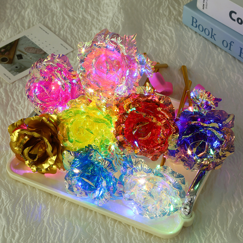 Valentine's Day Rose Single Peach Heart Lamp Creative 24K Gold Foil Flower Home Artificial Flower Ornament Event Small Gift