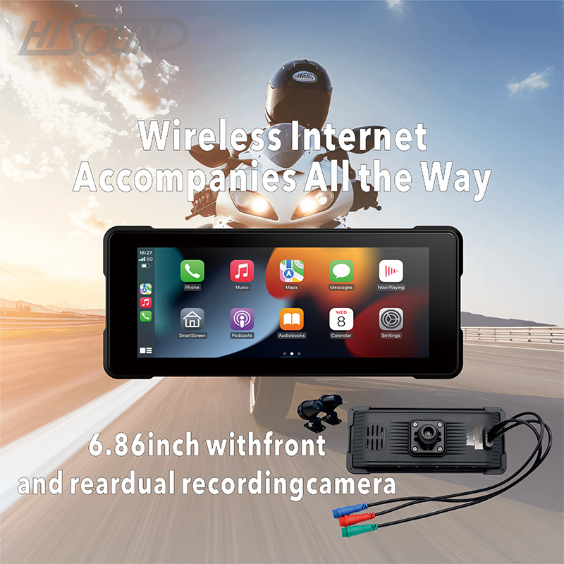 6.86 дюйма видеорегистратор для мотоцикла с передними и задними двойными линзами, беспроводной Carplay, водонепроницаемый