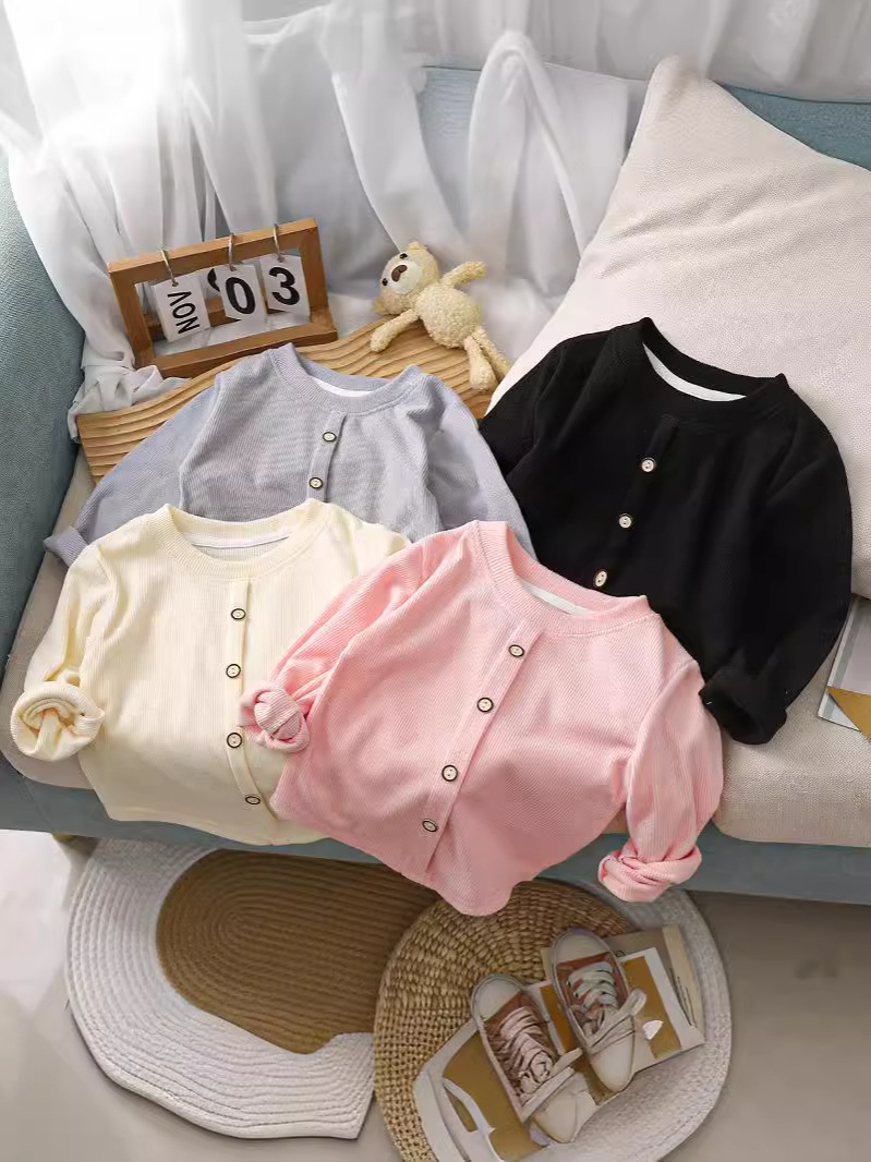 Girls Sweet Long-Sleeved T-Shirt 25 New Knitted Bottoming Shirt Kidsren's Pit Strip Stretch Button Warm Top Wholesale