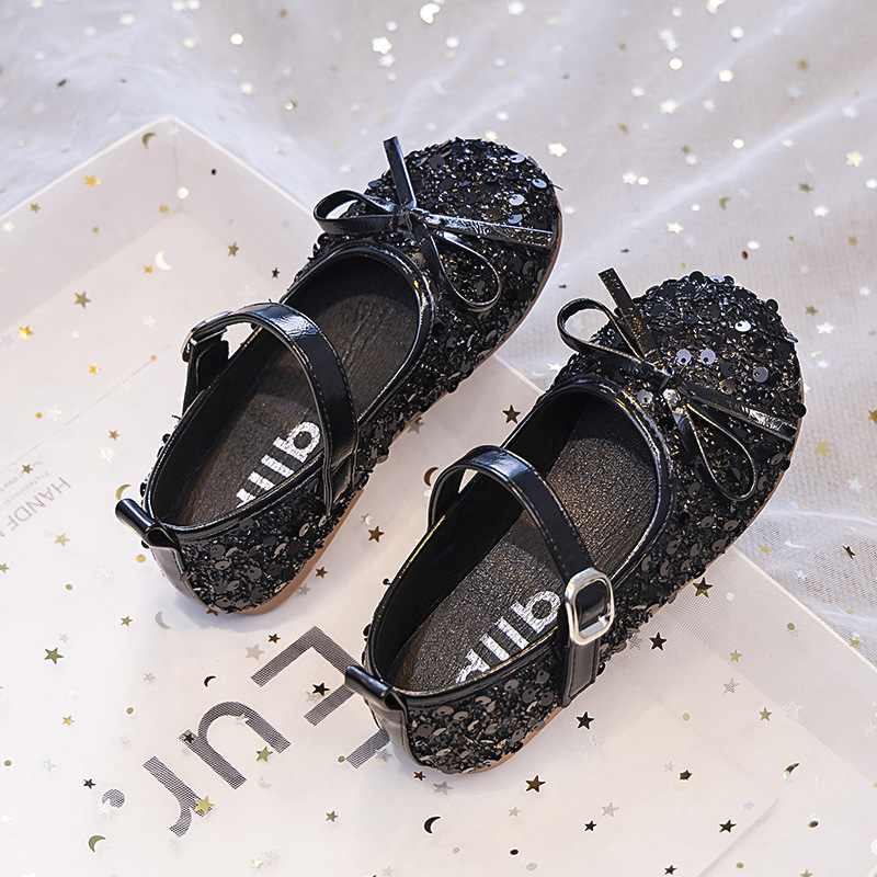 Children's Fashion Trend Rope Bow Small Leather Shoes Baby's Stylish Sequin Shallow Mouth Shoes Autumn New Children's Shoes