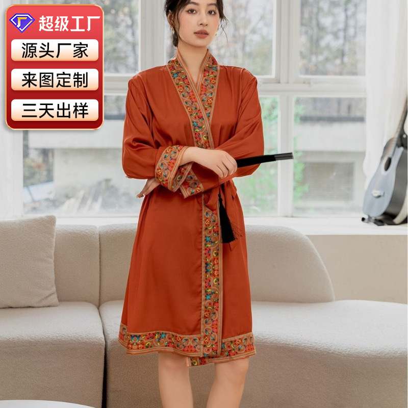 Индивидуальный шелковый ночной халат для женщин, летний, большие размеры, весна и осень, длинный рукав, средней длины, китайский стиль, домашняя одежда