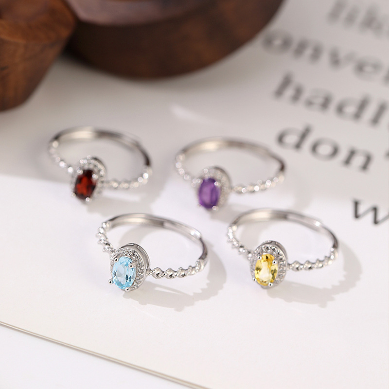 S925 Sterling Silver Ring Women's Natural Crystal Stone Hand Jewelry Niche High-End Cross-Border Hot Selling European and American Style Open Ring