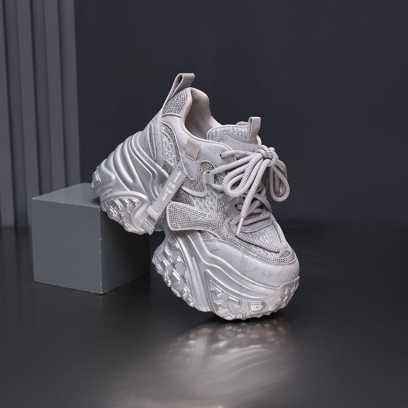 Thick-Soled Dad Shoes for Women 2025 Autum New Style Rhinestone Fashion Inner Heightening Women's Shoes Versatile Sports and Leisure Shoes