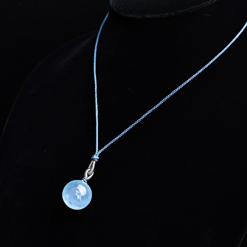 Jingyao Natural Brazilian Old Mine Aquamarine Pendant High Ice Grade Small Bulb Blue Crystal Ball Necklace Ox Nose Hole