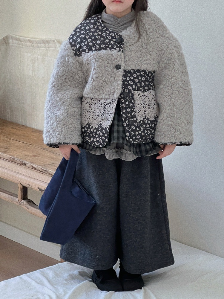 Girls' Winter Coat 2025 New Style, Niche Floral Patchwork, Elegant Short Quilted Thickened Fur Sweater Trendy