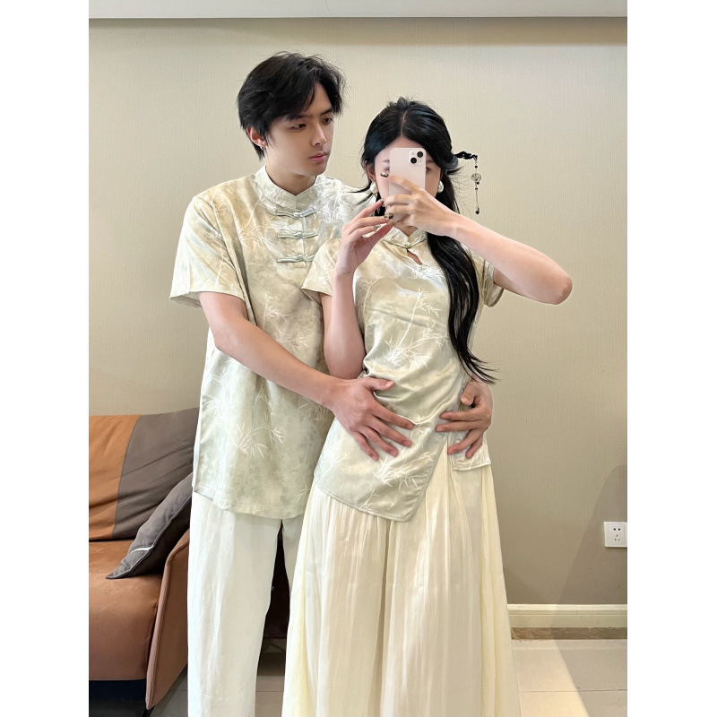 2025 summer lovers new fake two-piece new Chinese women's short-sleeved dress antique men's short-sleeved T-shirt shirt