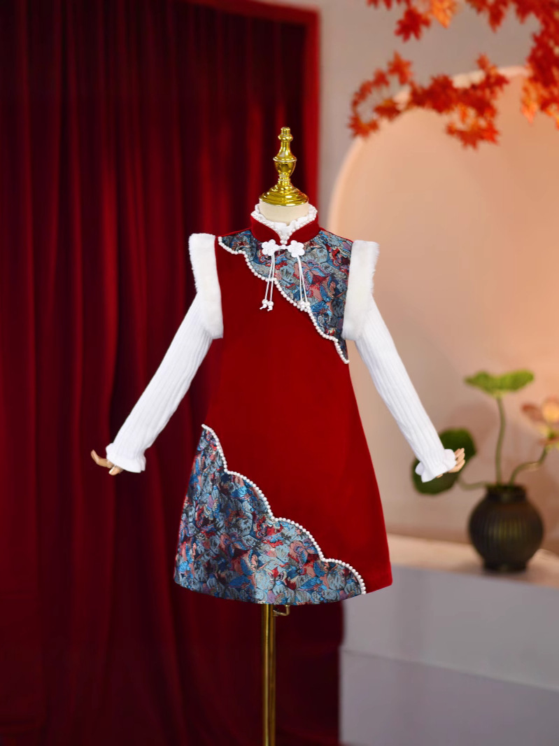 Girls' fleece-lined dress Winter Warm suit Children's Clothing Cheongsam Children's Hanfu New Chinese Princess Dress