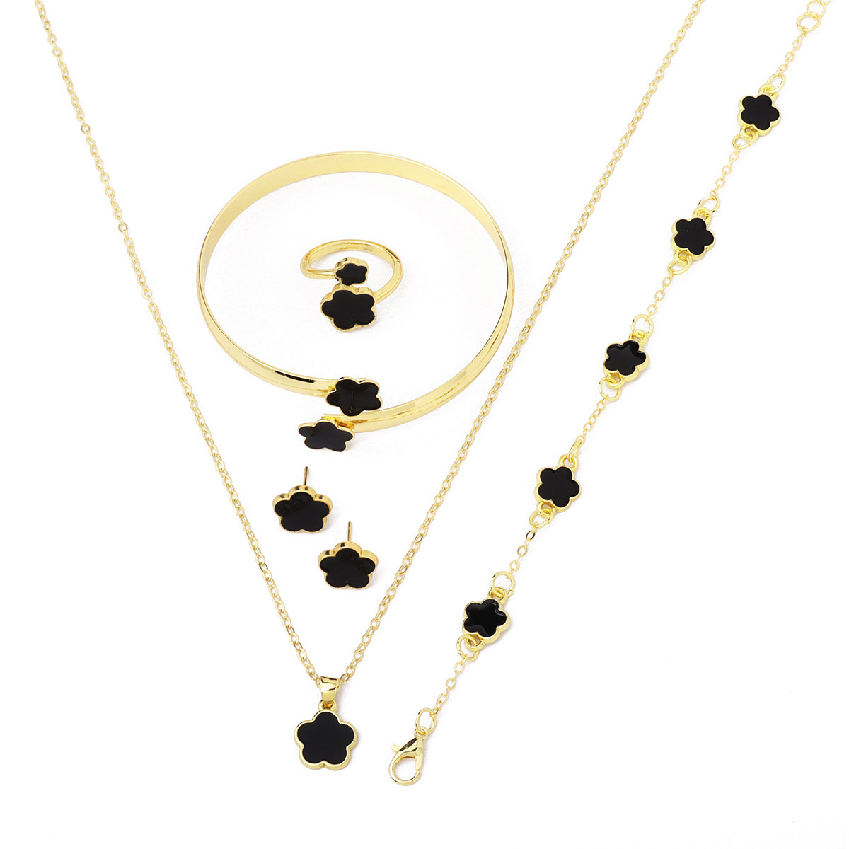 Cross-Border Hot Selling Five-Leaf Clover Jewelry Set for Women, Simple Oil Dripping Lucky Flower Necklace, Versatile Hand Jewelry Earrings 5-Piece Set