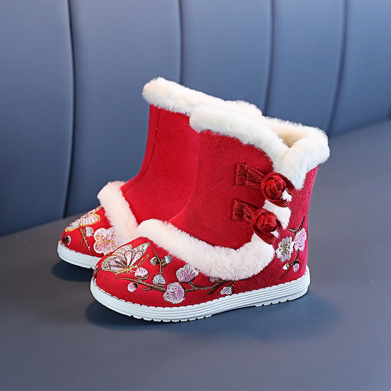 Туфли ханфу для девочек осень и зима новые антикварные утепленные хлопковые сапоги, снежные сапоги, вышитые туфли для детей на Новый год