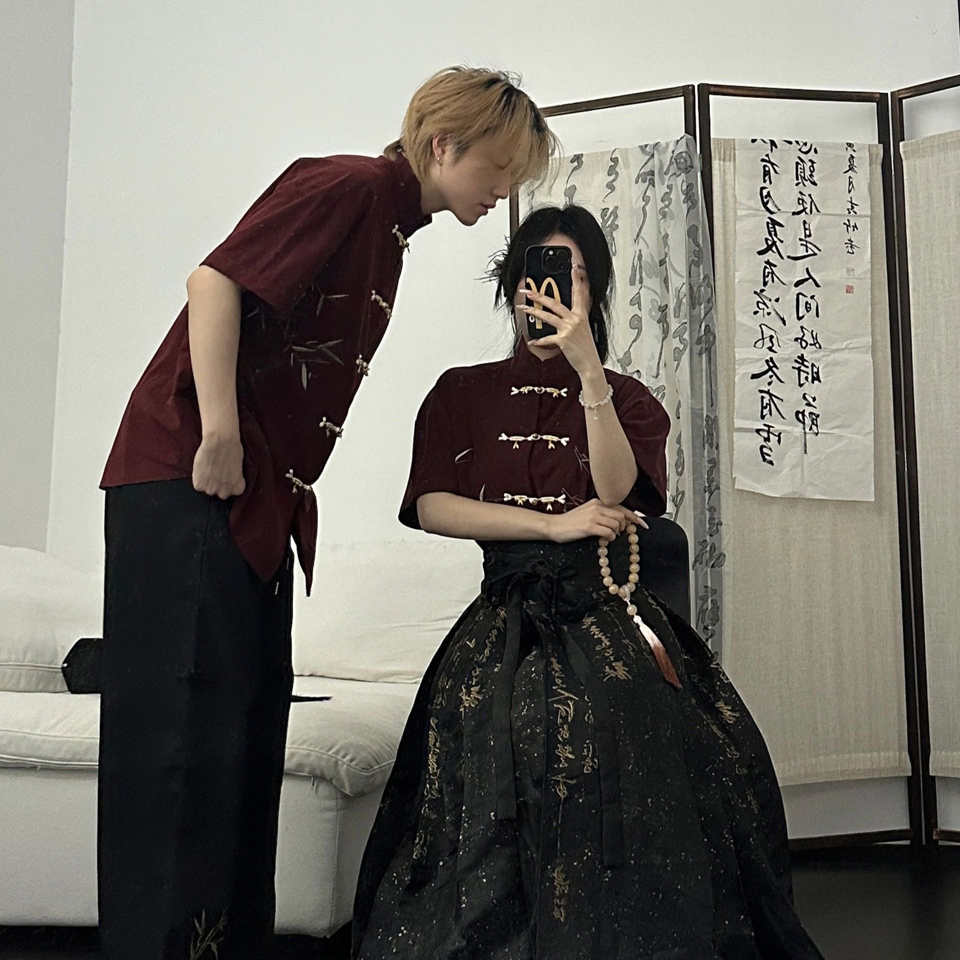 New Chinese Style Couple Outfit 2025 Summer Embroidered Bamboo Leaf Disc Button Short-Sleeved Shirt Chinese Style Horse Face Skirt Two-Piece Class Uniform