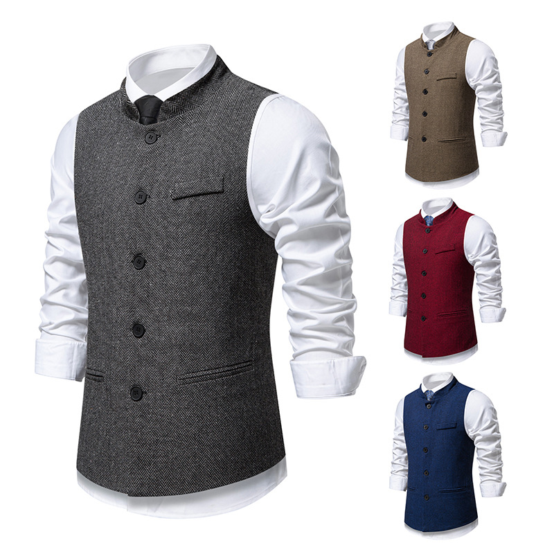 2026 Cross-Border Amazon Autumn New Men's Retro European Size Stand Collar Herringbone High-End Solid Color Suit Vest