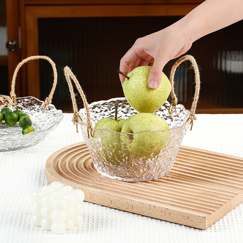 Fruit plate light luxury crystal glass plate alley tail hemp rope plate candy snack hammer pattern glass plate melon seeds fruit basket
