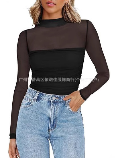 Cross-Border European and American Clothing Amazon New Pure Color Half Turtleneck Mesh Splicing Sexy T-Shirt Top