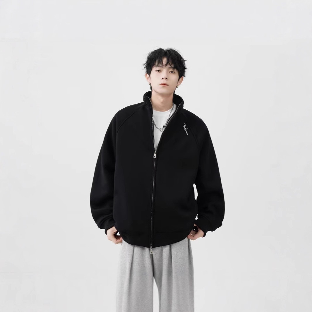 Autumn and Winter Men's Korean Retro Pure Color Stand-Up Collar Casual Jacket Men's Trendyy American Loose Zipper Sweatshirt Jacket