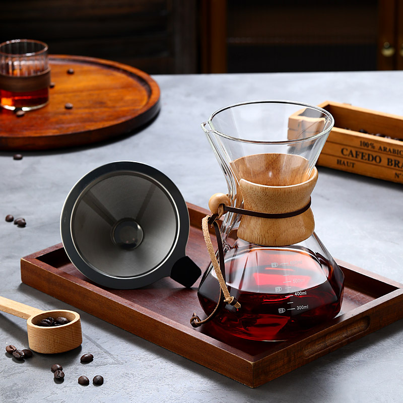 Thickened Wood Chip Coffee Pot Hand-Brewed Coffee Pot Set Household High Borosilicate Glass Coffee Sharing Pot Anti-Scalding Wooden Handle