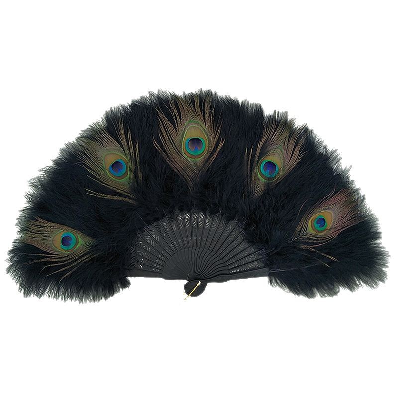 Peacock feather fan cheongsam catwalk Chinese folding fan incense wooden handle decorative hanging fan wedding ancient feather fan