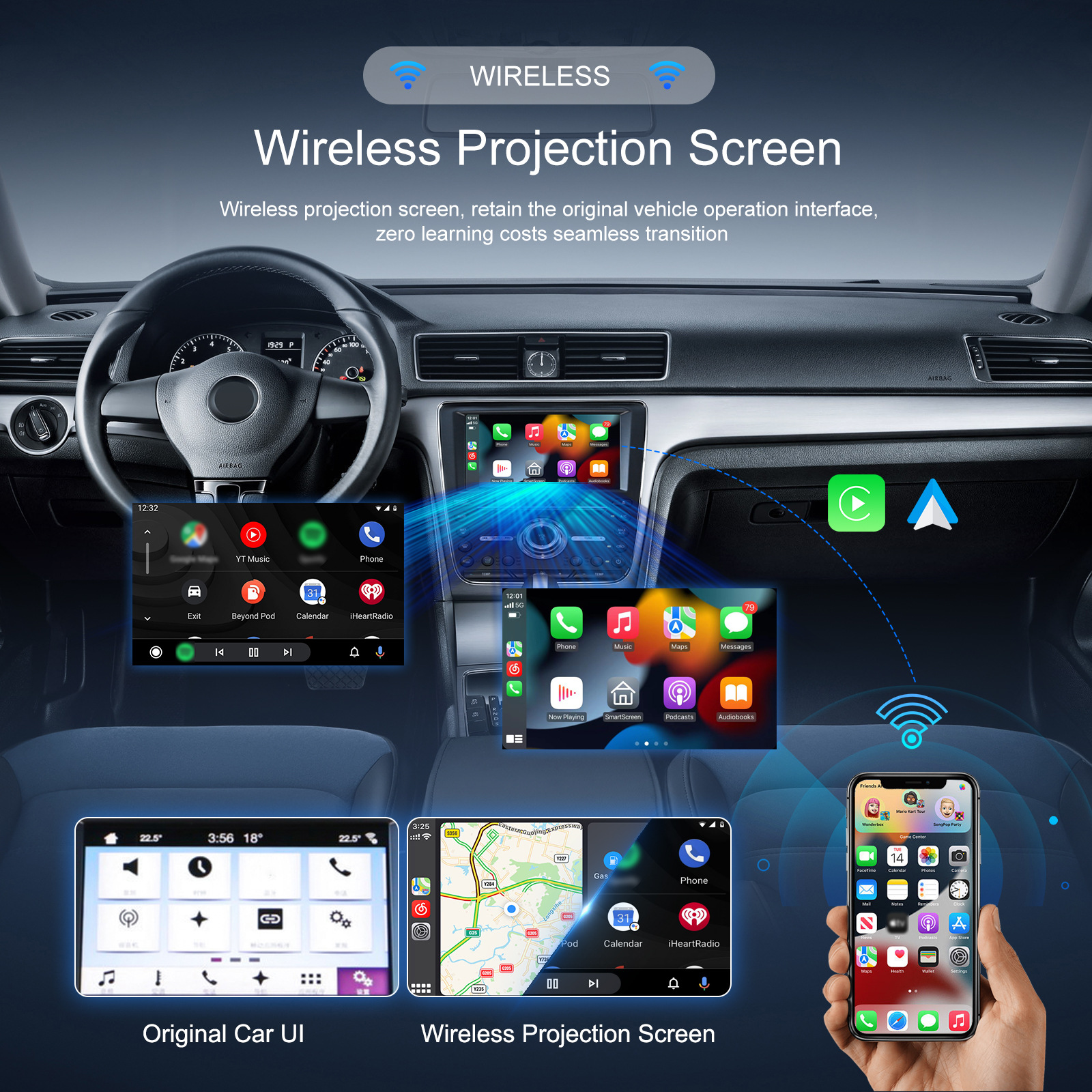 Foreign trade original car wired CarPlay to wireless CarPlay external module (black)