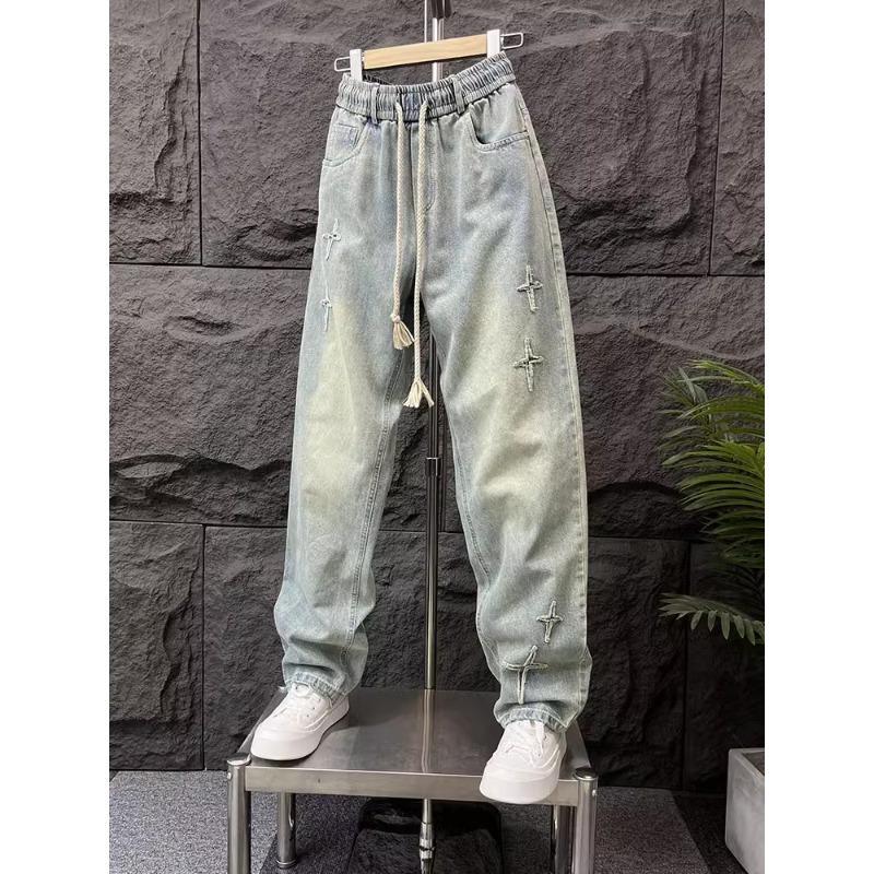 Американские ретро потертые вышитые джинсы мужские модные уличные широкие прямые брюки мужские длиной до пола