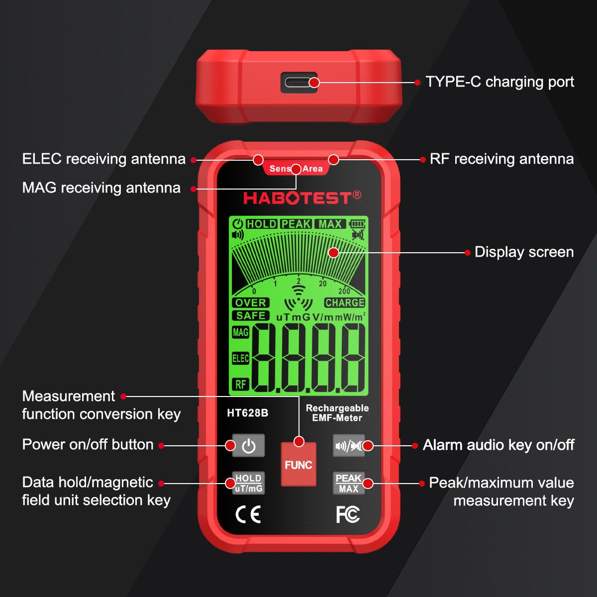 Huabo Ht628A Electromagnetic Radiation Detector Electric Field Radiation Alarm Ionizing Radiation Detector Habotest