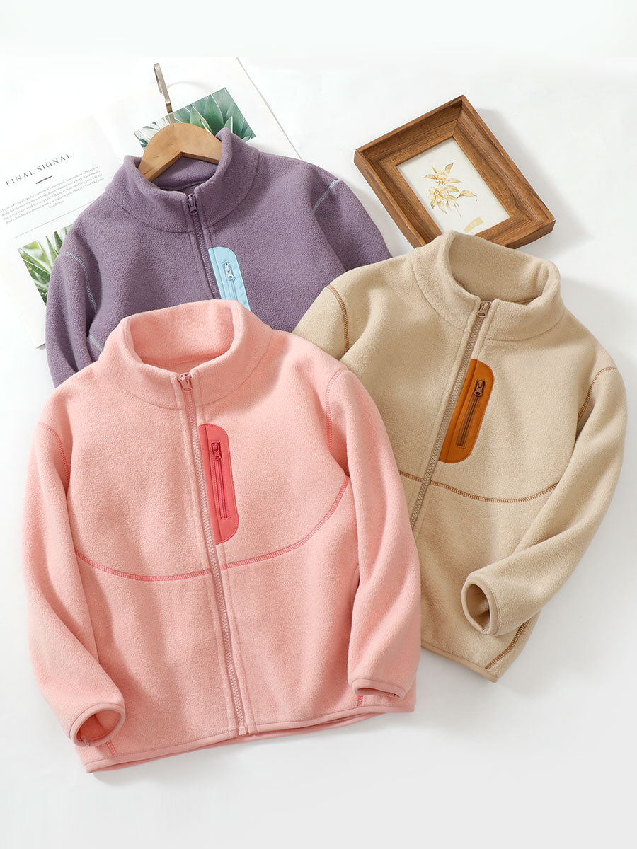 Children's Autumn and Winter Jackets, Inner Lining, Medium and Large Kidsren's Polar Fleece Warm and Windproof Stand-Up Collar Comfortable Velvet Family Jacket
