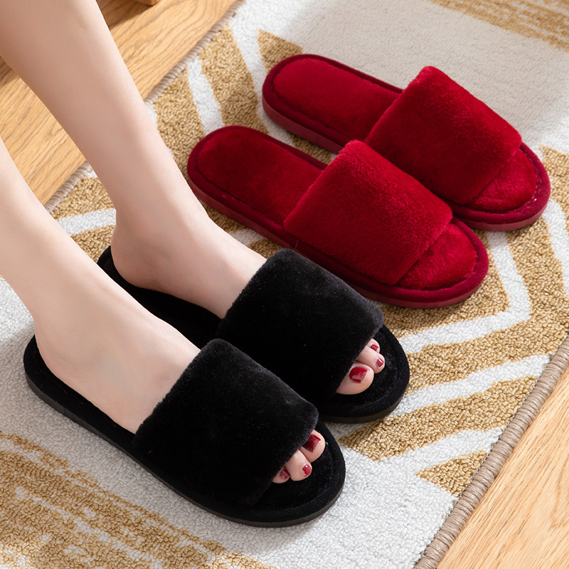 Amazon Cross-Border Autumn and Winter Home Warm One-Line Open Fur Slippers Korean Style Women's Indoor Home Slippers