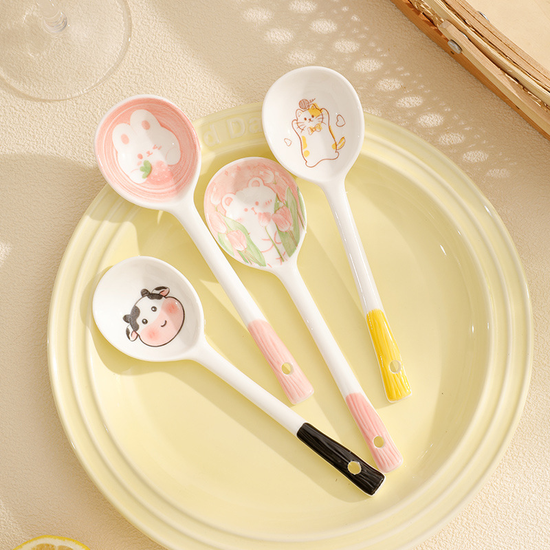 Керамическая милая мультяшная ложка, японский стиль, ложка для риса, популярная в интернете, длинная ложка с изображением клубники и динозавра, высококачественная домашняя ложка