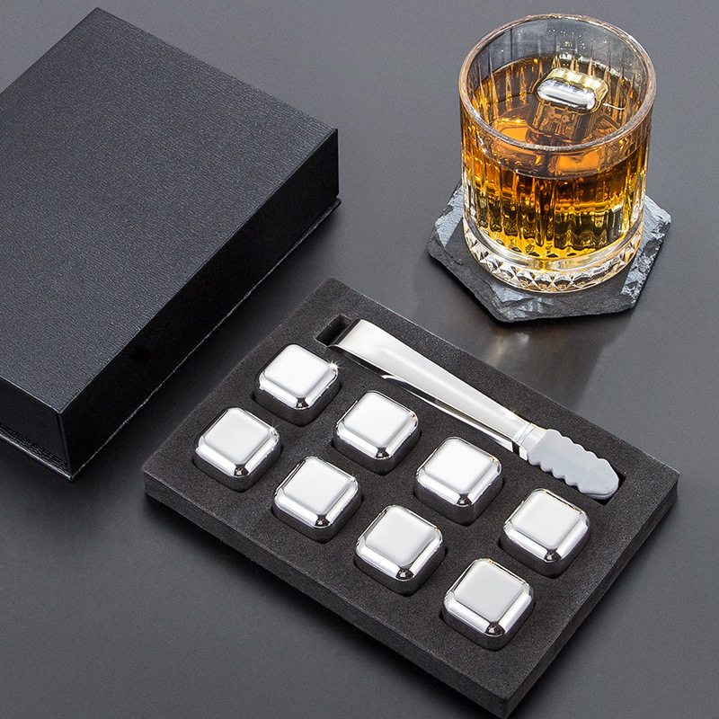 304 Stainless Steel Ice Cube Creative Whiskey Ice Particles Metal Quick-Frozen Ice Cube Square Ice Cube Set Gift Box