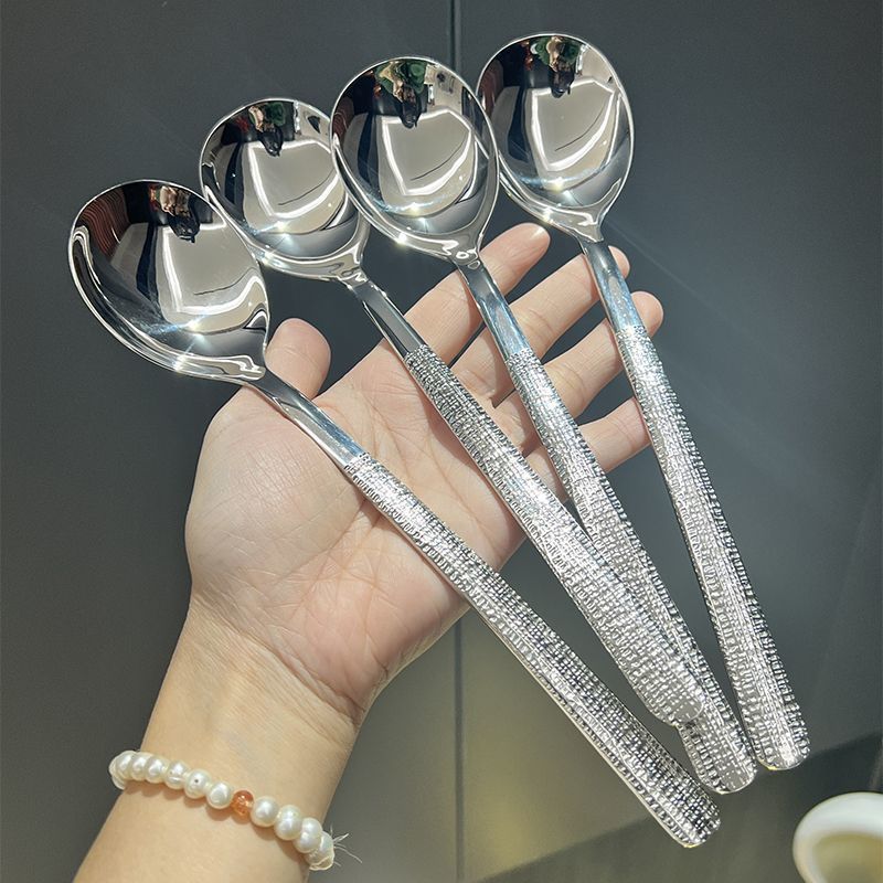 Korean Ice Pattern Spoon Soup Spoon Stainless Steel Hammer Pattern Long Handle Spoon for Eating Western Food Spoon Student Spoon Adult Rice Spoon