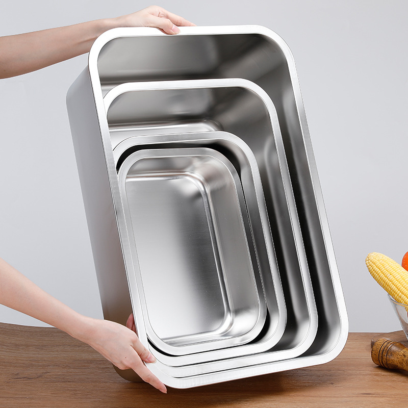 Stainless Steel Square Basin with Lid Thickened and Deepened Canteen Buffet Basin Stainless Steel Square Plate Large Stainless Steel Cat Litter Basin