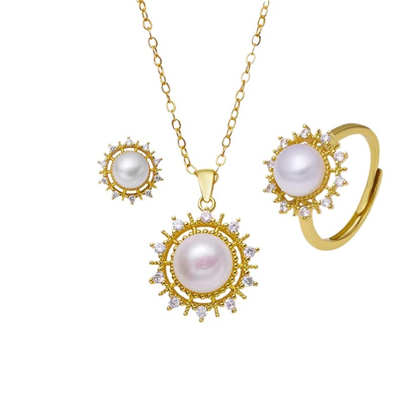 Korean version of retro light luxury all-match fashion fresh water pearl ring earring pendant three-piece women's empty holder finished wholesale