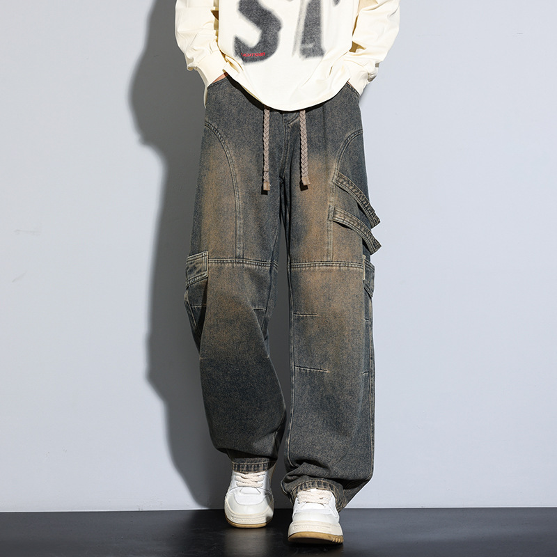 Jyf-M8827 Retro Workwear Elastic Jeans Men's 2025 Autum American Washed Loose Straight Wide Legs