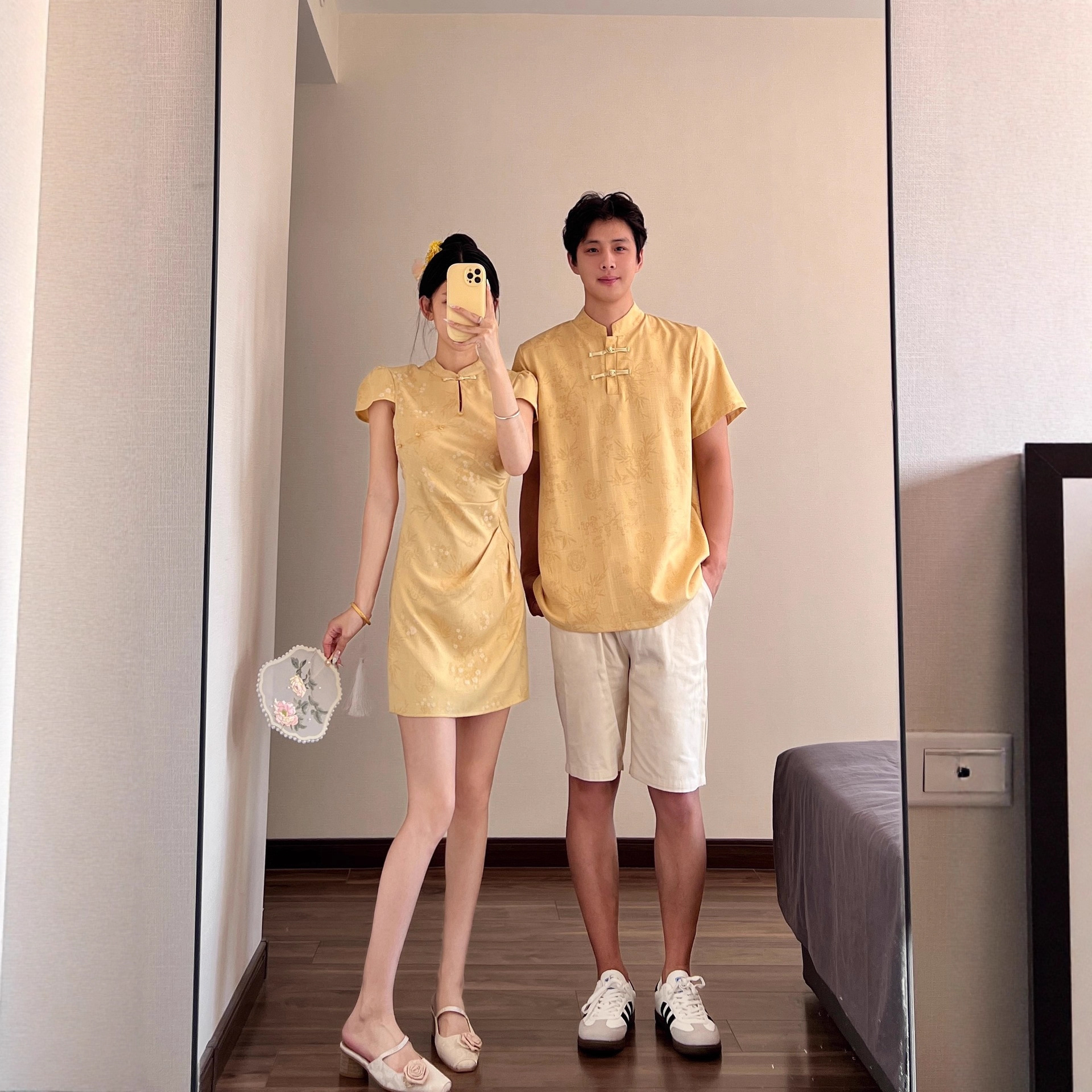 Новая китайская стильная одежда для пар, летний ретро-комплект, одно платье, улучшенный корсет, рубашка с воротником-стойкой и короткими рукавами