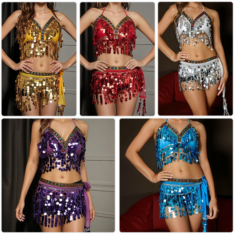 Foreign trade sexy belly dance suit sequins wrapped chest tassel waist chain performance clothing tassel skirt dance clothing